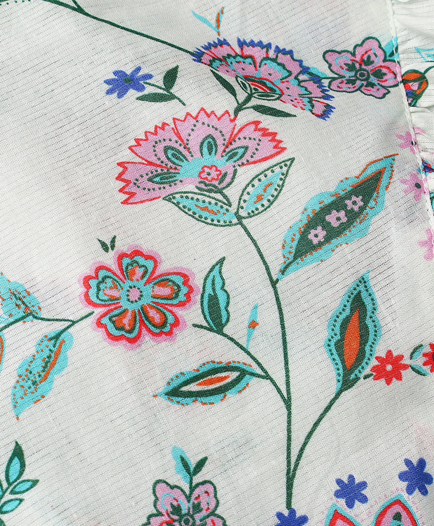 Frill Cap Sleeves Seamless Indian Floral Print Top With Frill Across Front - White & Blue