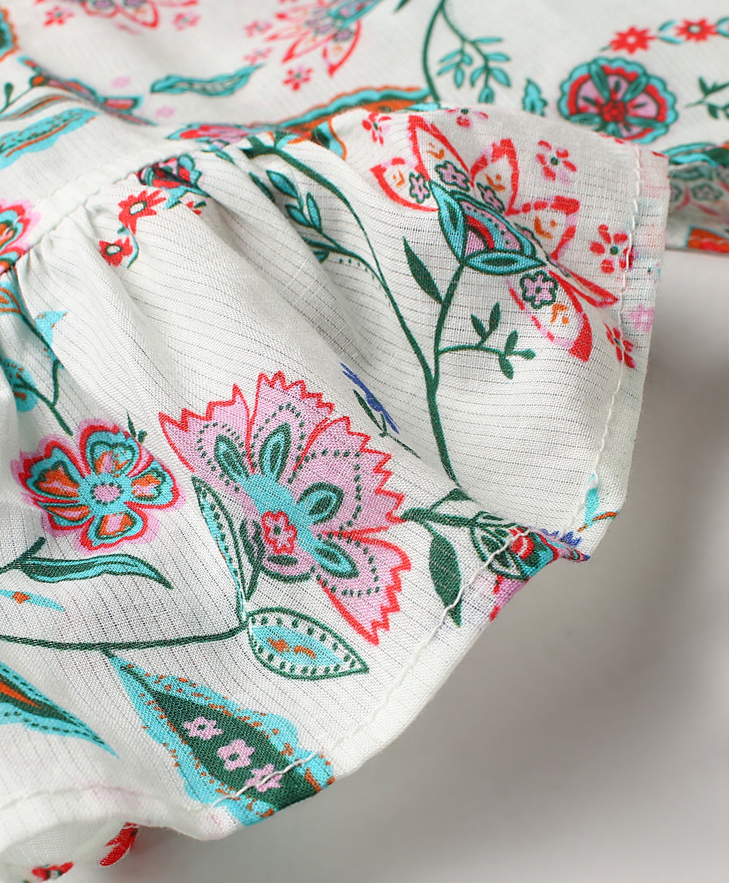 Frill Cap Sleeves Seamless Indian Floral Print Top With Frill Across Front - White & Blue