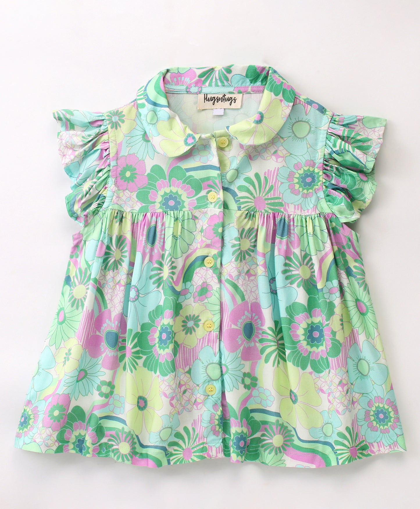 Frill Cap Sleeves Seamless Summer Flowers Printed Shirt Style Top With Frills - Green
