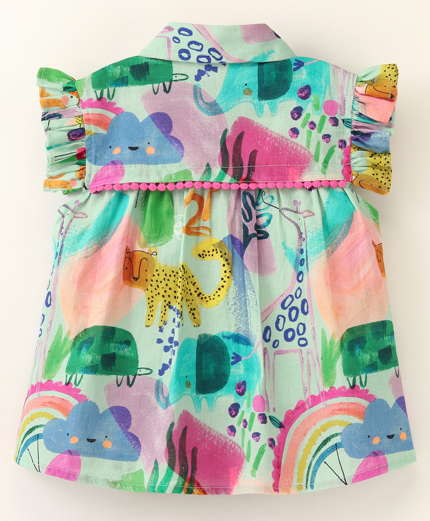Frill Cap Sleeves All Over Animal & Rainbow Printed Shirt style Top With Frills - Multi Colour