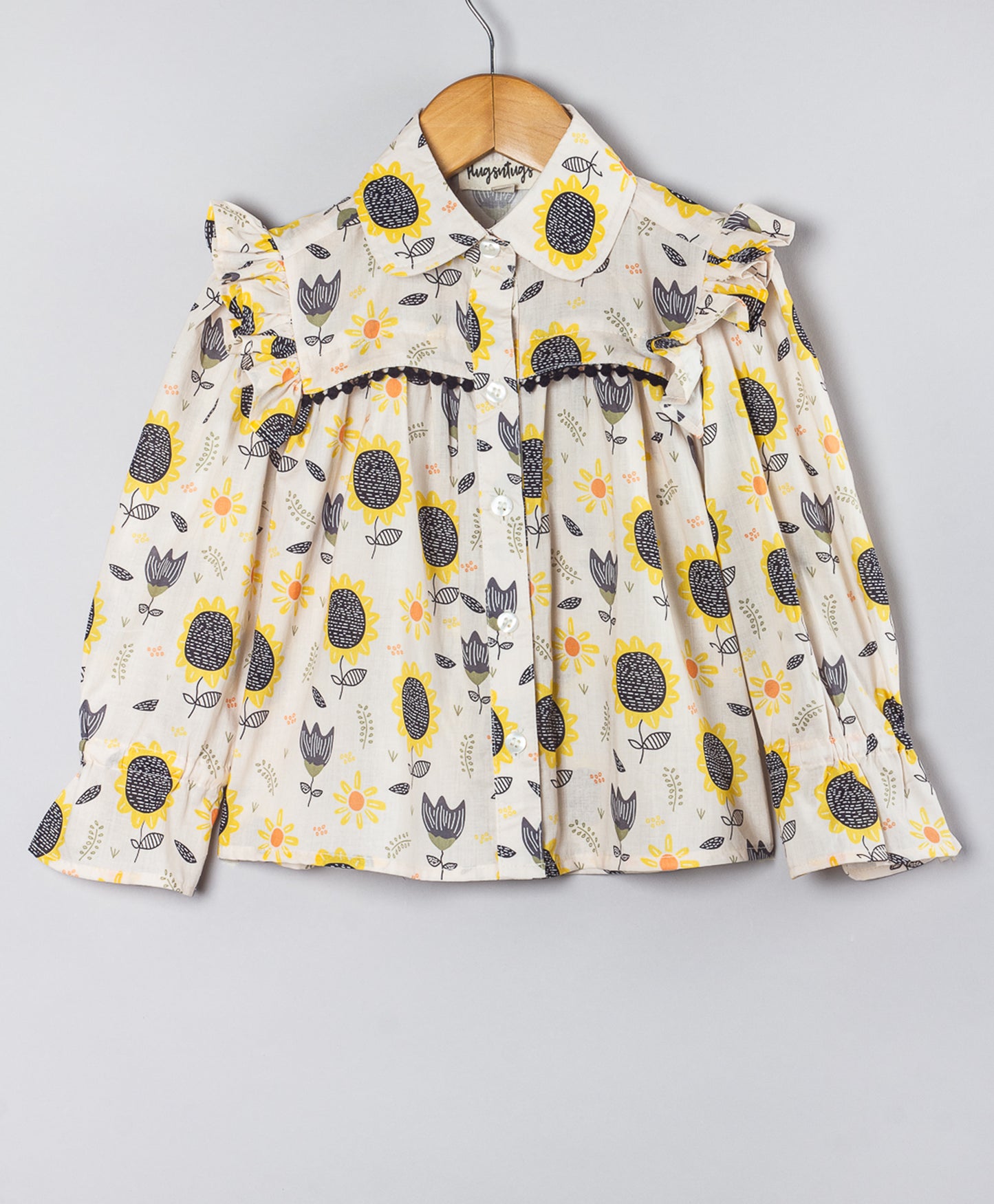 SUNFLOWER PRINT TOP WITH CONTRAST LACE AT YOKE SEAM