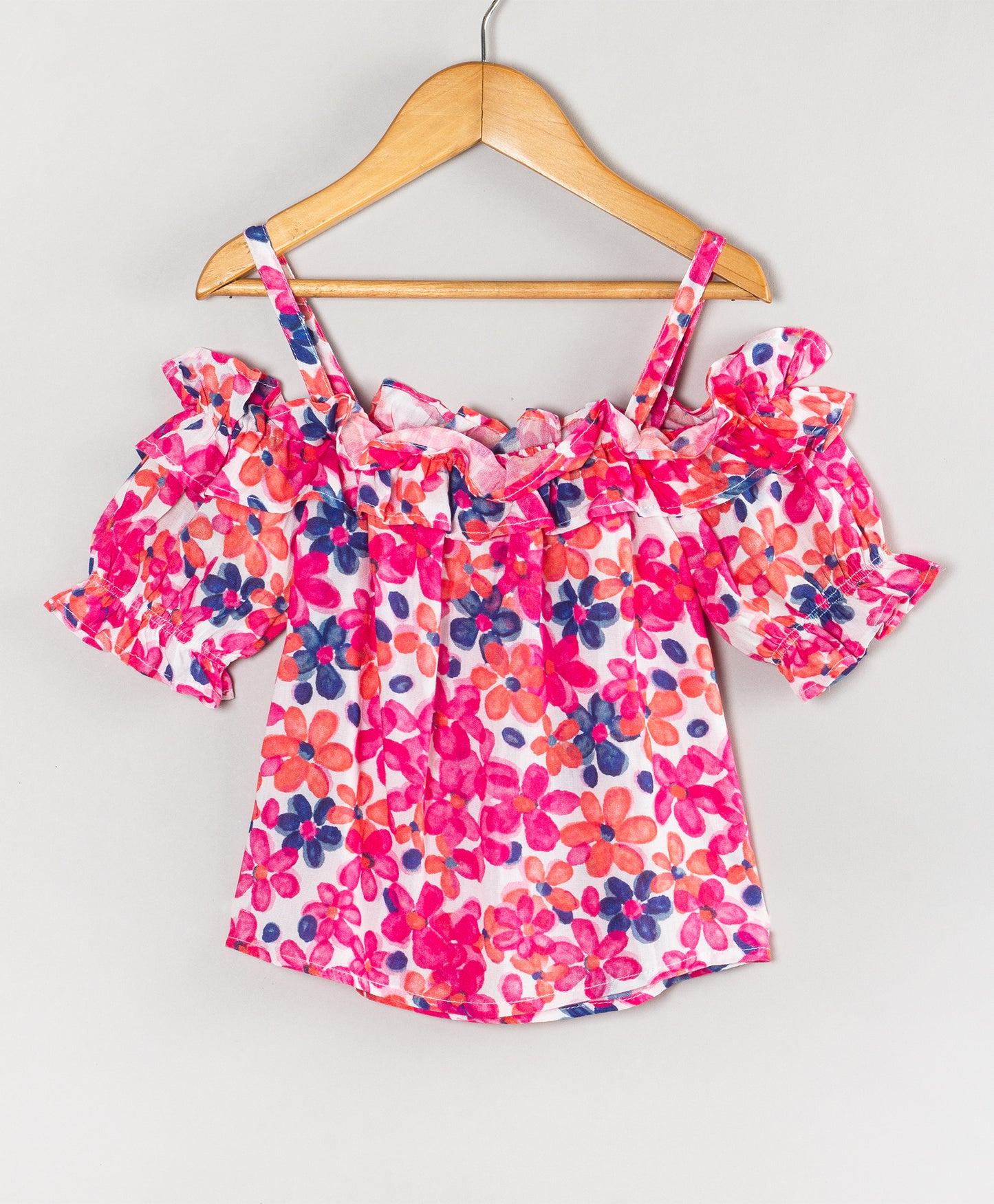 PINK BLUE FLORAL PRINT TOP WITH SHOULDER STRAPS