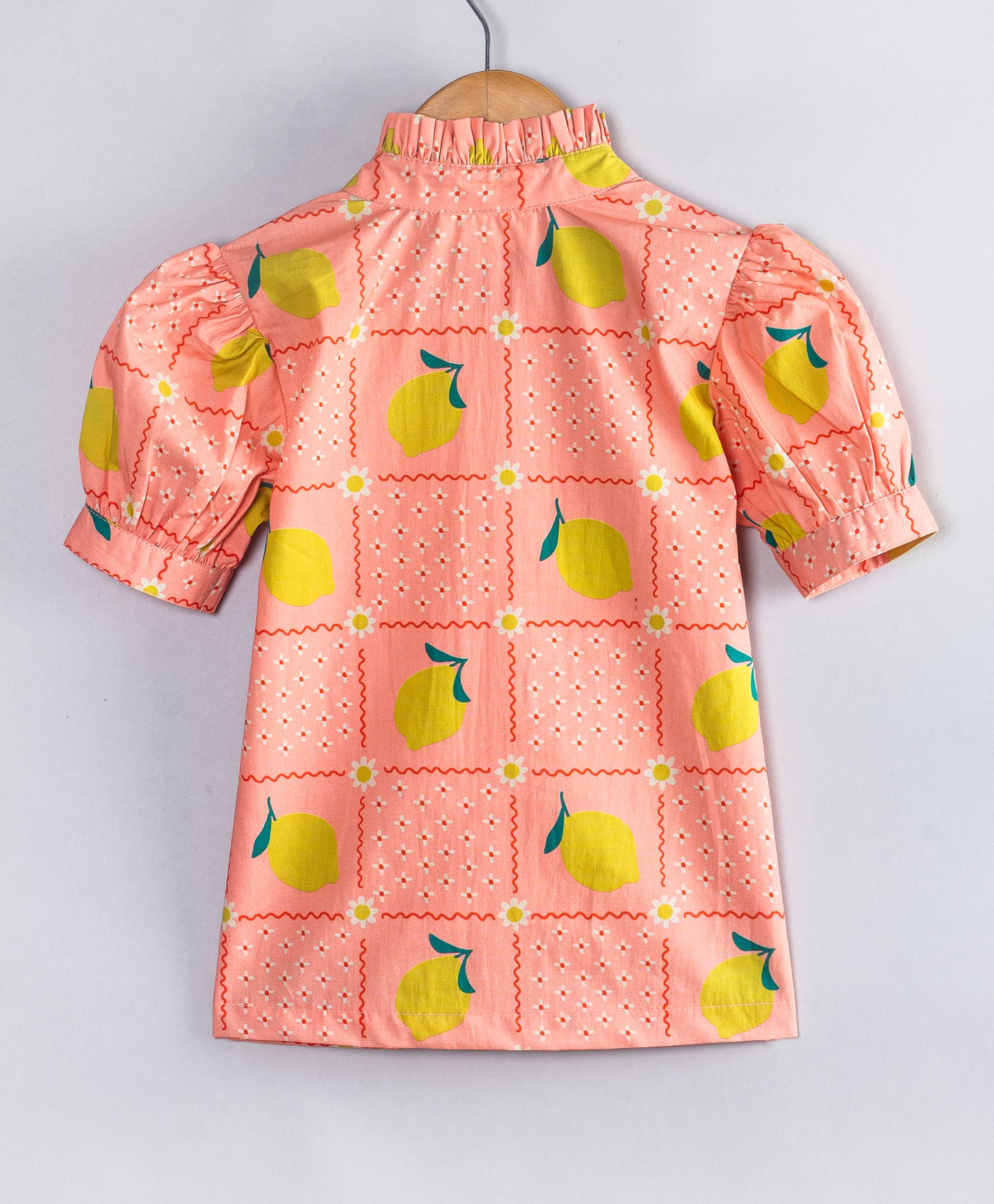 PEACH FRUIT AND FLORAL GRID PRINT TOP