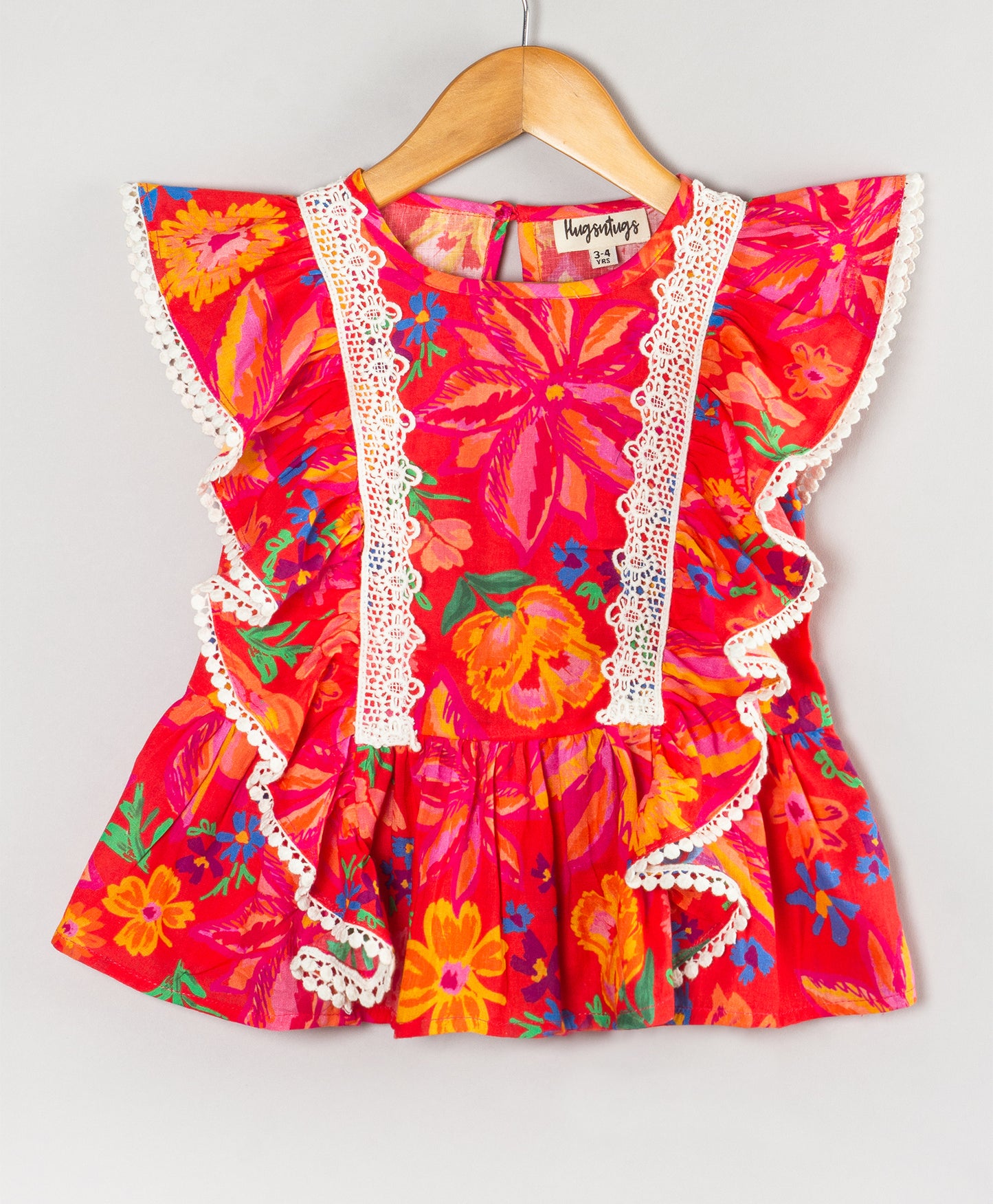 RED FLORAL PRINT PEPLUM TOP WITH CONTRAST LACE