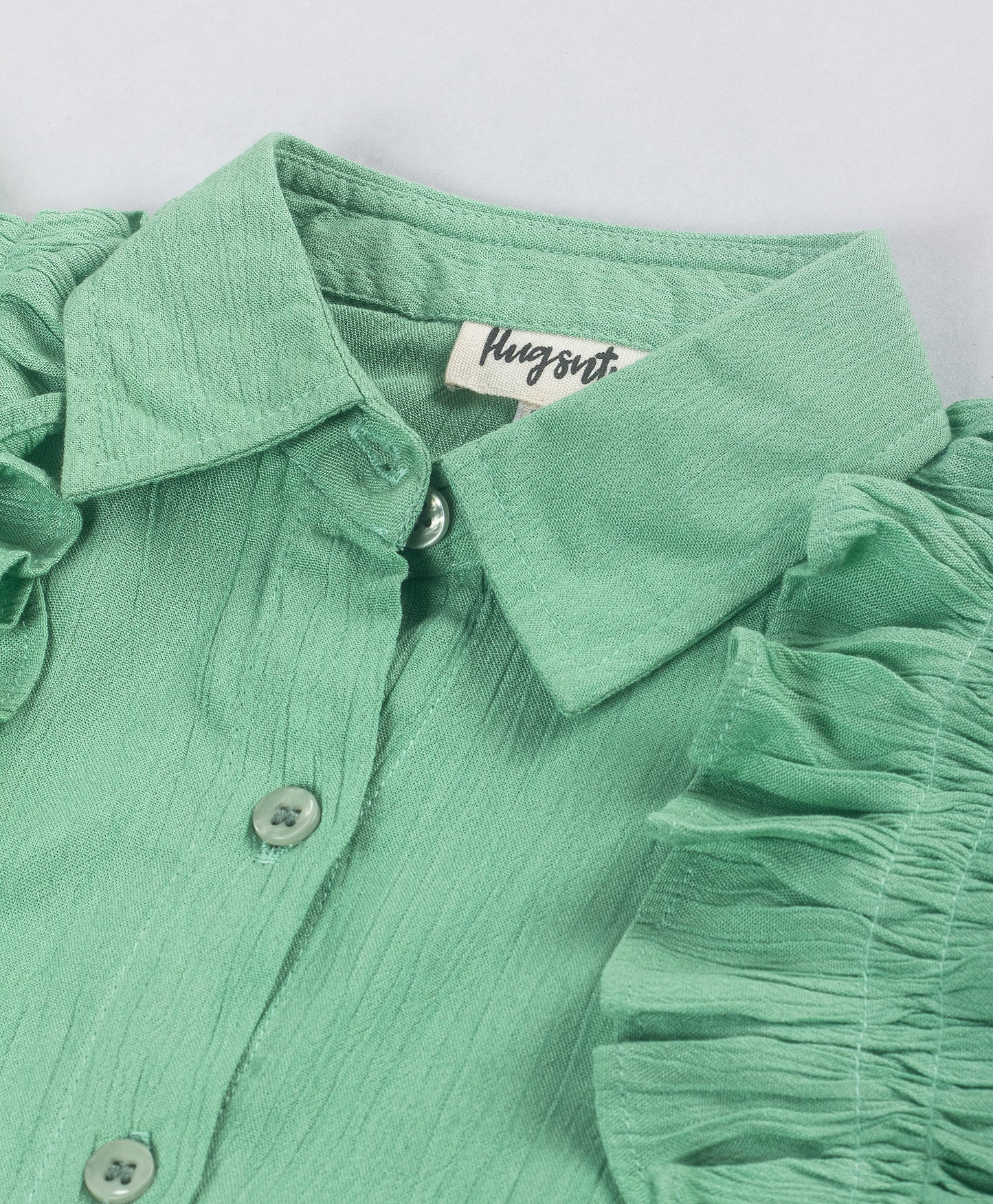 SOLID GREEN BUTTON DOWN SHIRT WITH FRILLS ALONG ARMHOLE