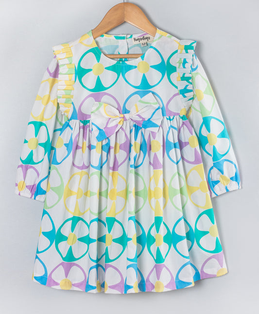 GEOMETRIC FLORAL PRINT DRESS WITH BOW AT WAIST