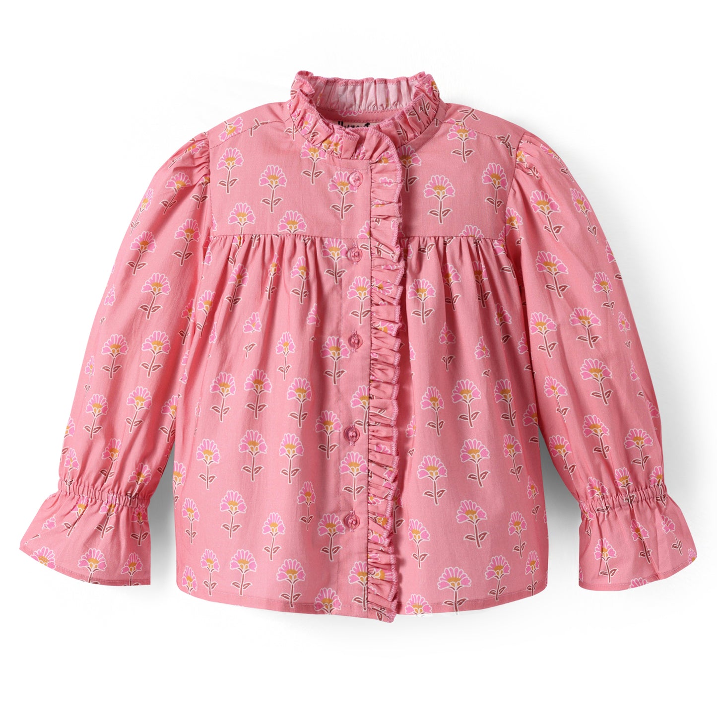 PINK MOTIF PRINT TOP WITH FRILL AT NECK AND CENTRE FRONT PLACKET