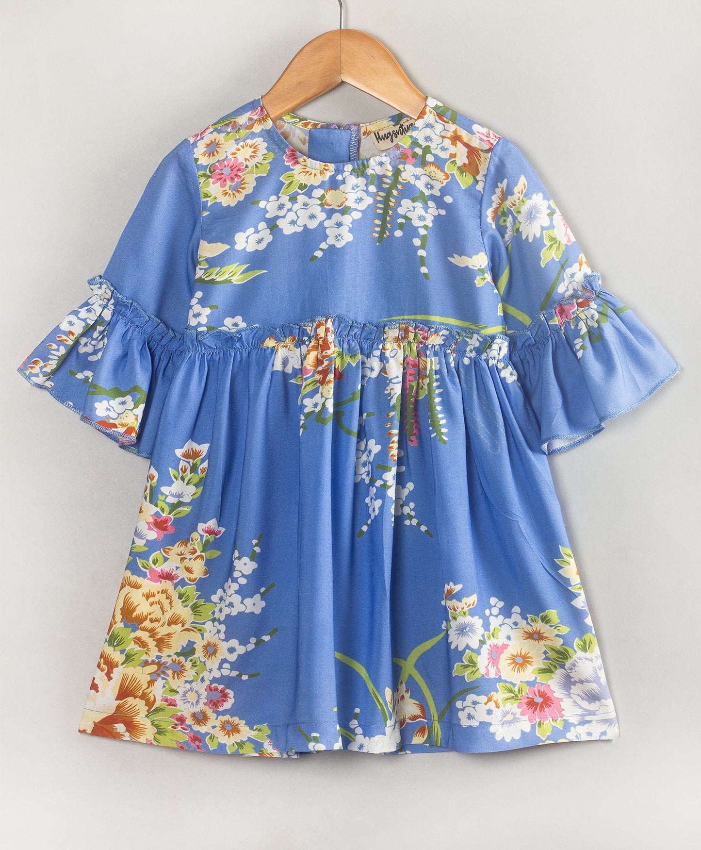 BLUE ORIENTAL PRINT HALF SLEEVES DRESS
