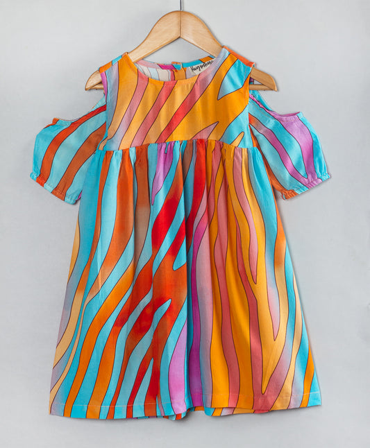 COLORFUL WAVES PRINT COLD SHOULDER DRESS