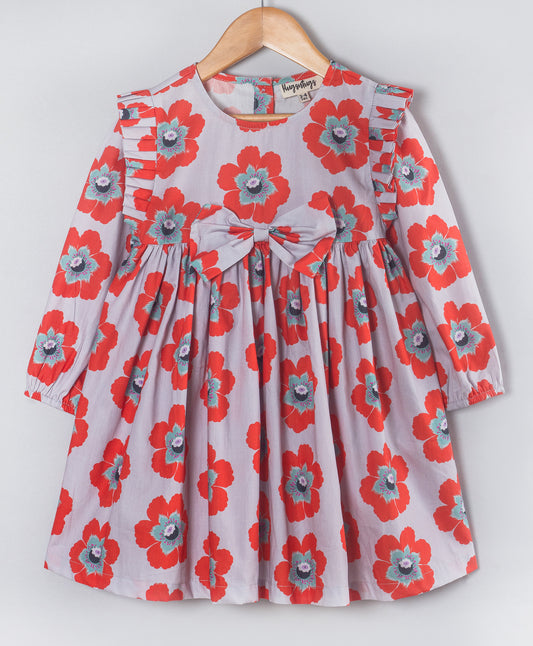 ALL OVER RED FLOWER PRINT DRESS WITH A BOW AT WAIST