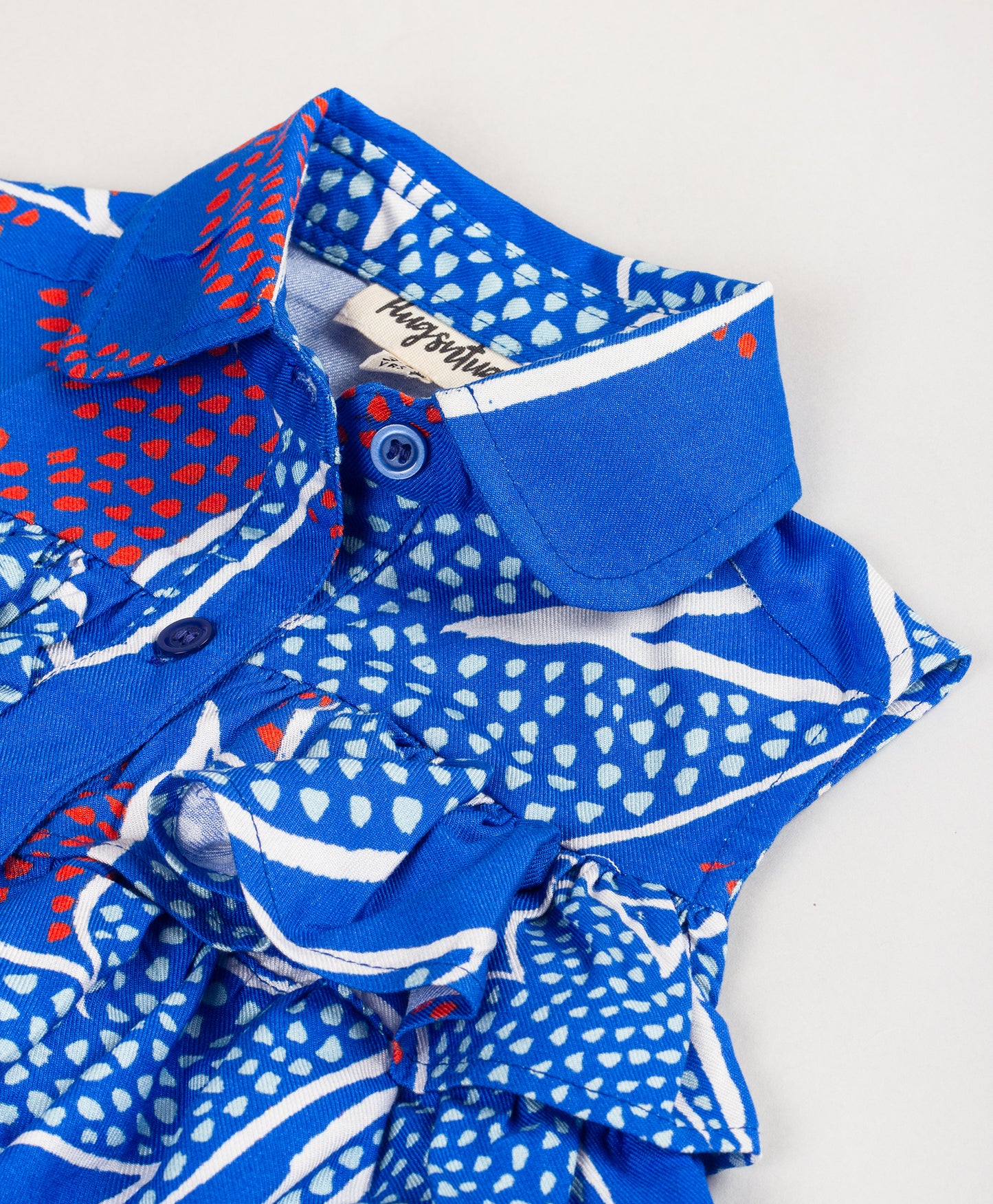 ROYAL BLUE LEAF PRINT BUTTON DOWN FRILL TOP