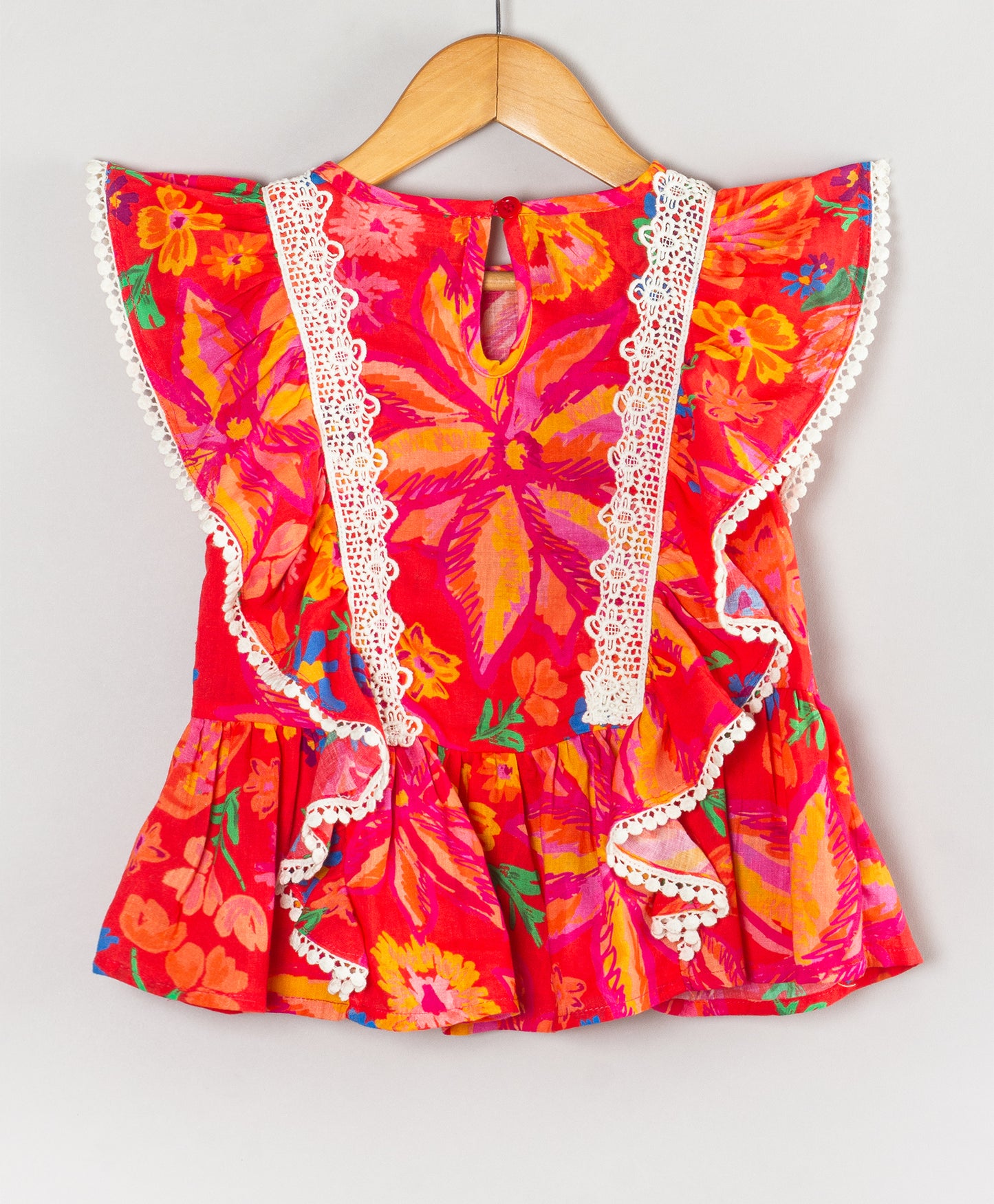 RED FLORAL PRINT PEPLUM TOP WITH CONTRAST LACE