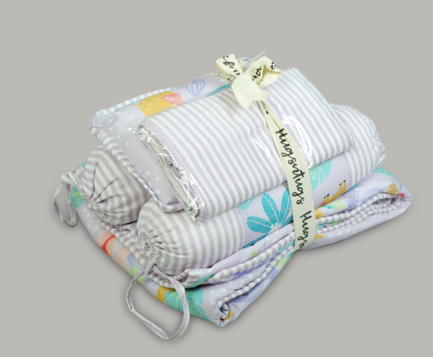 PASTEL JUNGLE AND LILAC STRIPE PRINT COT SET