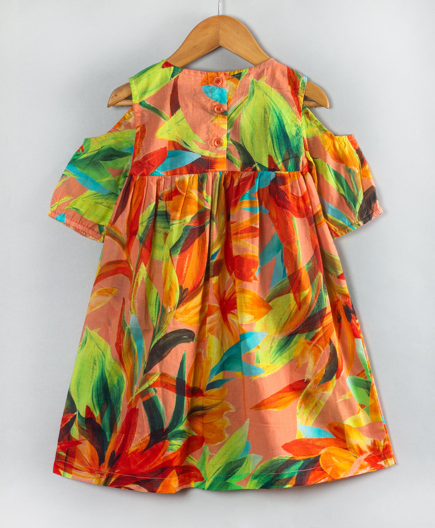 COLORFUL ALL OVER LEAVES PRINT DRESS WITH COLD SHOULDER