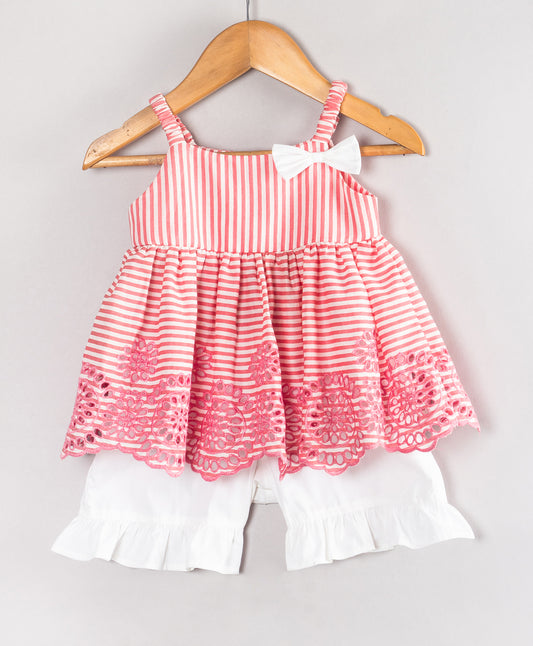 STRIPE PRINT INFANT SET WITH SCHIFFLI EMBROIDERY
