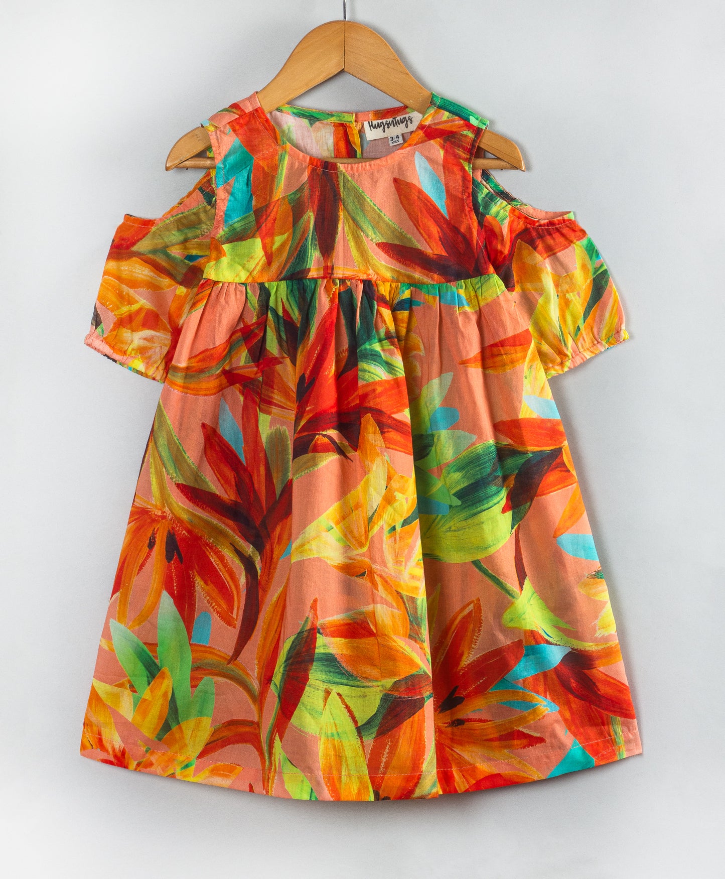 COLORFUL ALL OVER LEAVES PRINT DRESS WITH COLD SHOULDER
