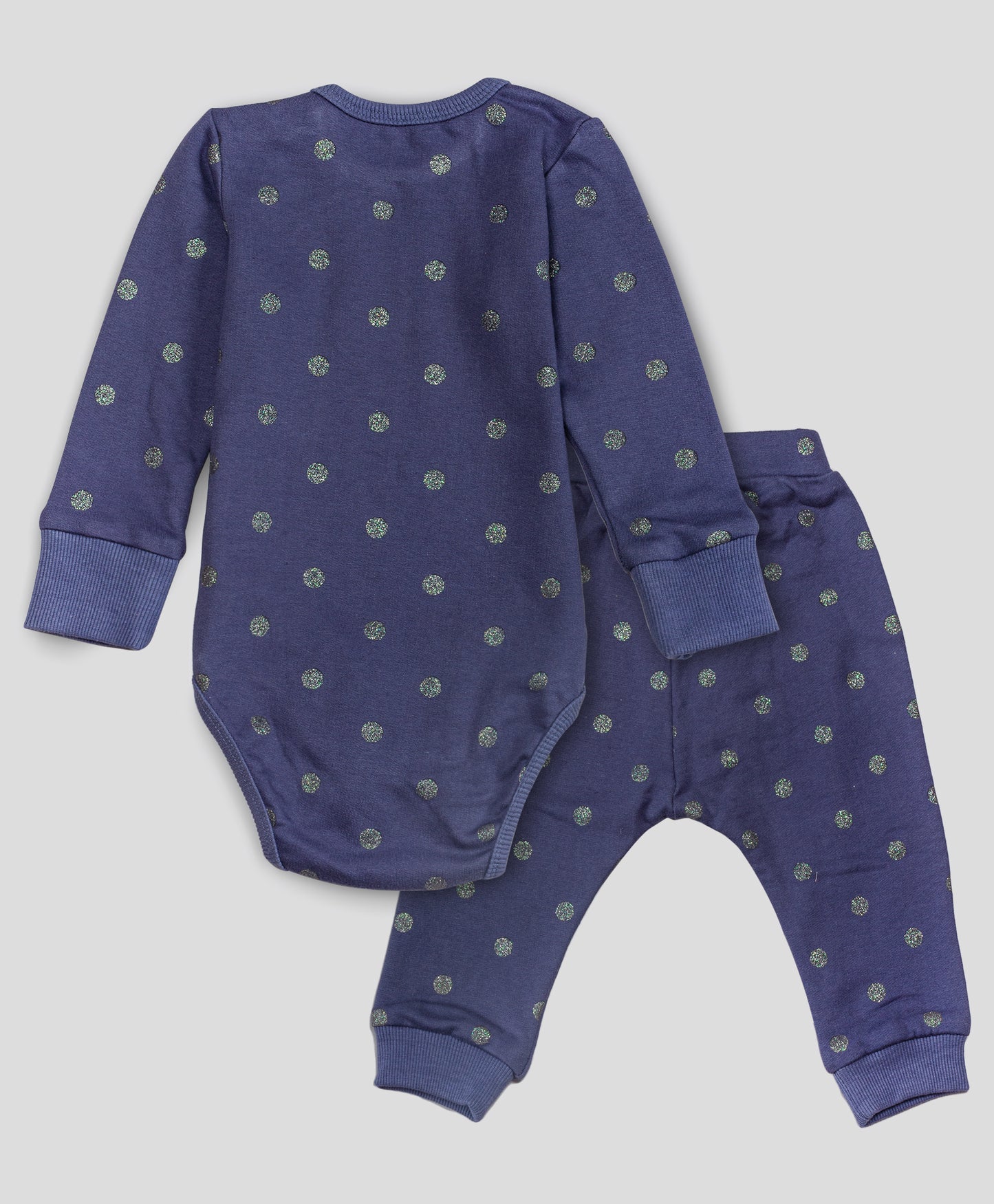 NAVY SHINEY DOT ROMPER AND PJ SET