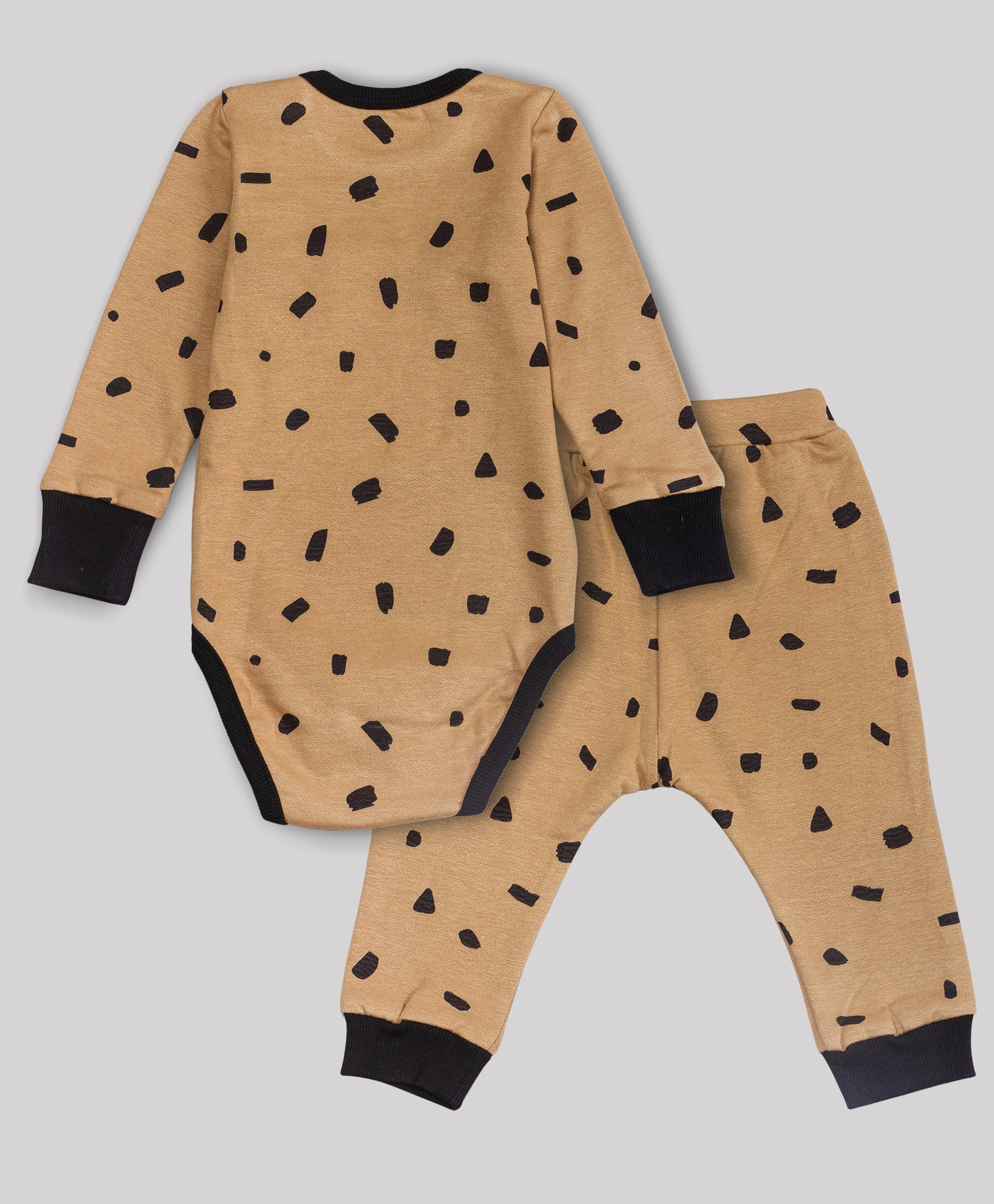 BROWN AND BLACK SPOT PRINT ONESIE AND PJ SET