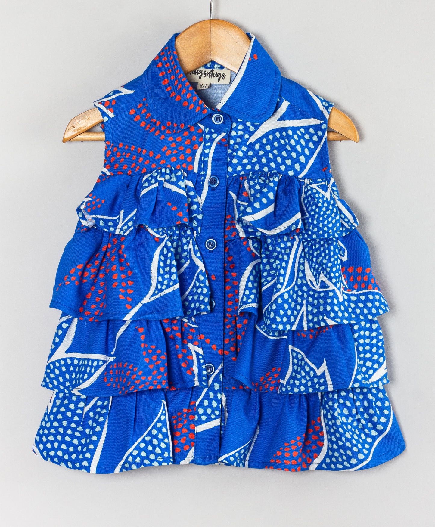 ROYAL BLUE LEAF PRINT BUTTON DOWN FRILL TOP