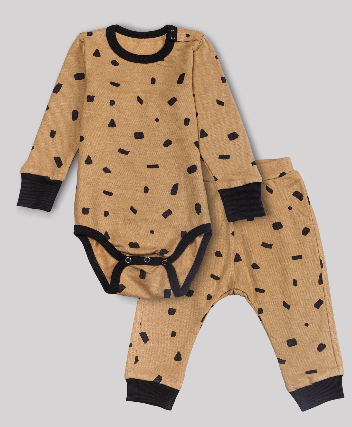 BROWN AND BLACK SPOT PRINT ONESIE AND PJ SET
