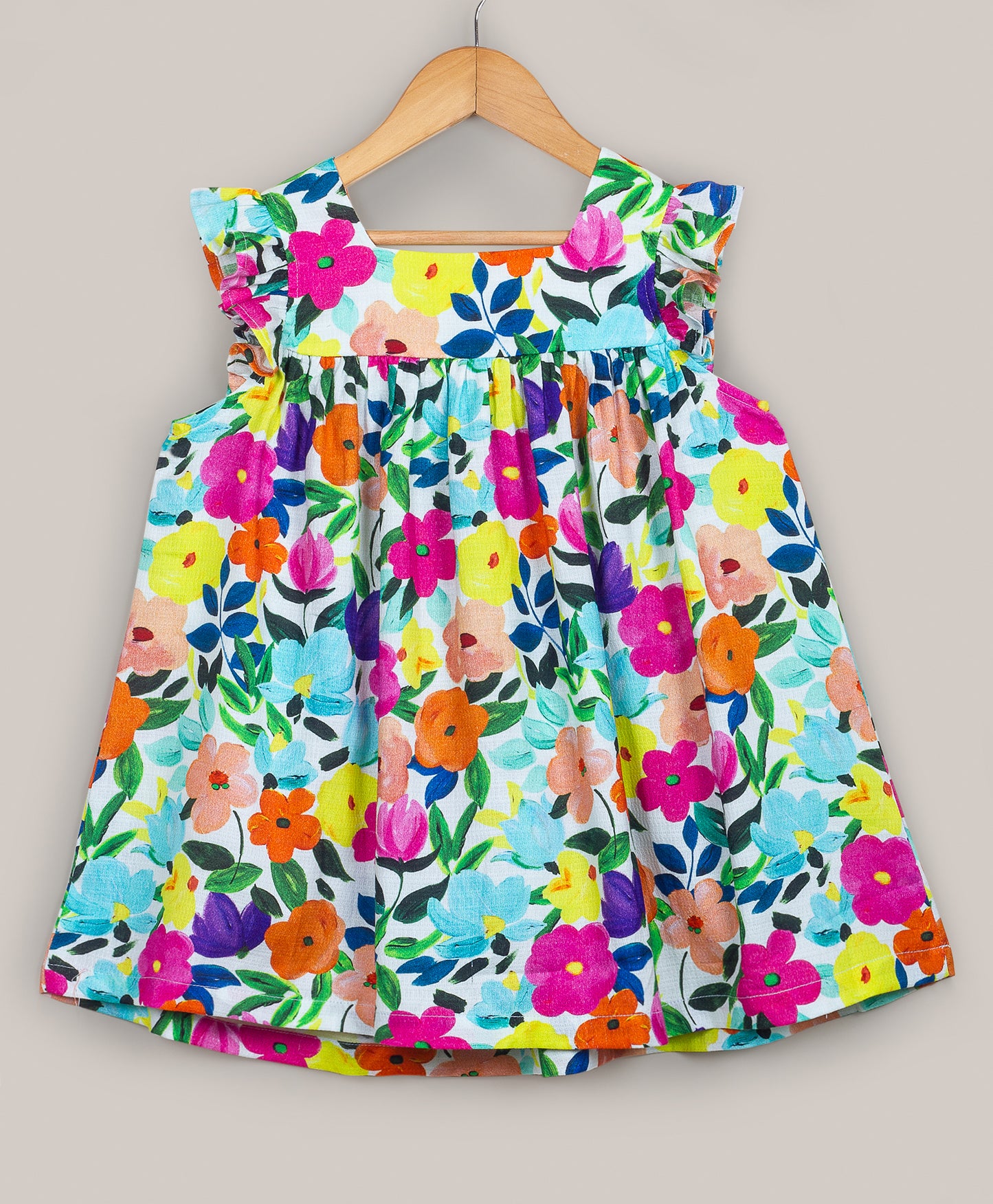 Bright flower print dress with square neck