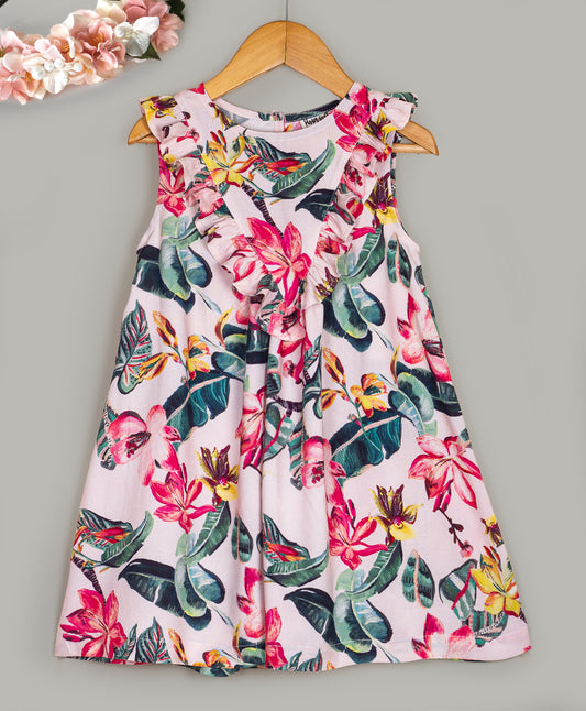 Beach floral print dress with frills at front
