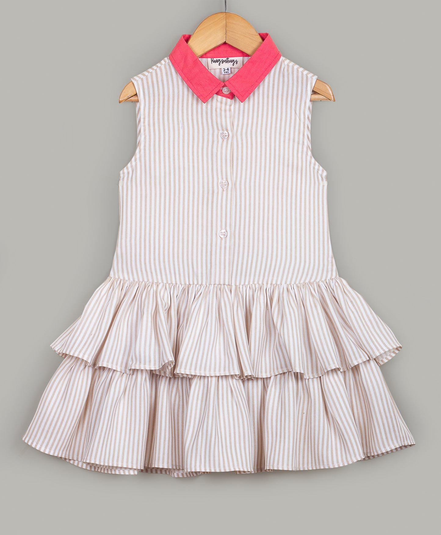 Beige Stripe print dress with contrast collars and frills at flounce