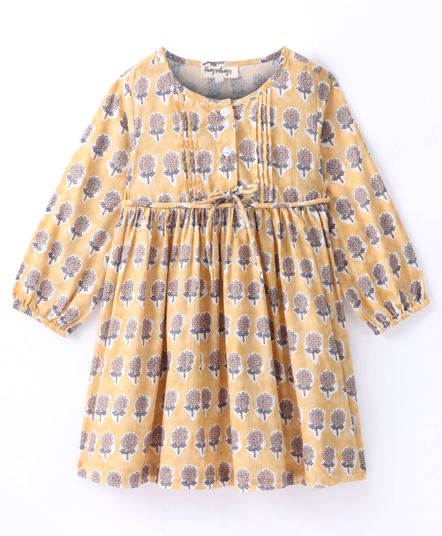 Full Sleeves All Over Flower Motif Printed Dress With Small Pleats At Yoke - Golden Yellow