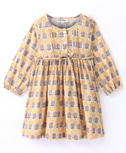 Full Sleeves All Over Flower Motif Printed Dress With Small Pleats At Yoke - Golden Yellow