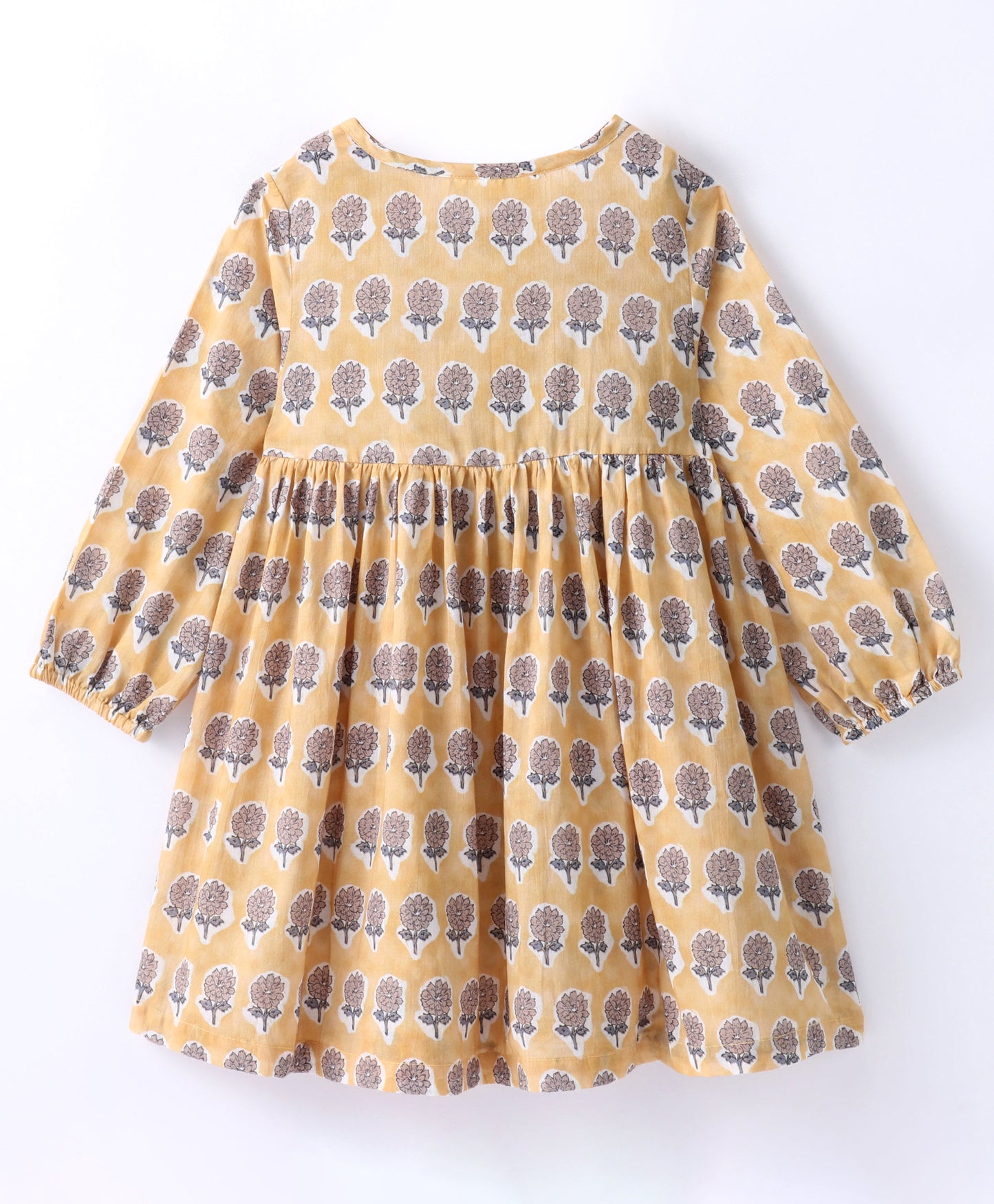 Full Sleeves All Over Flower Motif Printed Dress With Small Pleats At Yoke - Golden Yellow