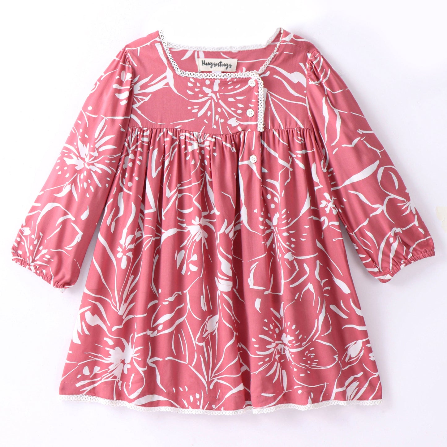 Full Sleeves Seamless Abstract Floral Printed & Lace Embellished Flared Dress - Coral Peach