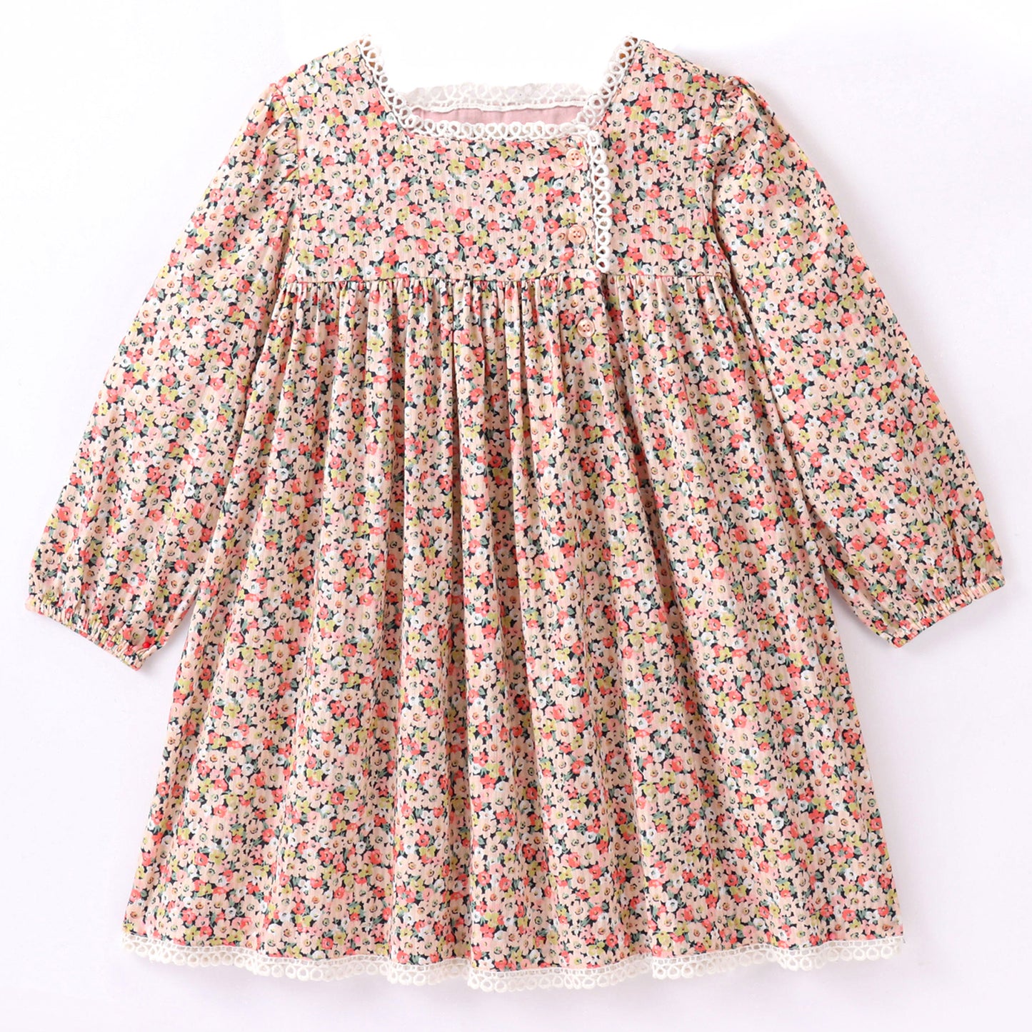 Full Sleeves Seamless Ditsy Floral Printed & Loop Lace Embellished Flared Dress - Light Brown