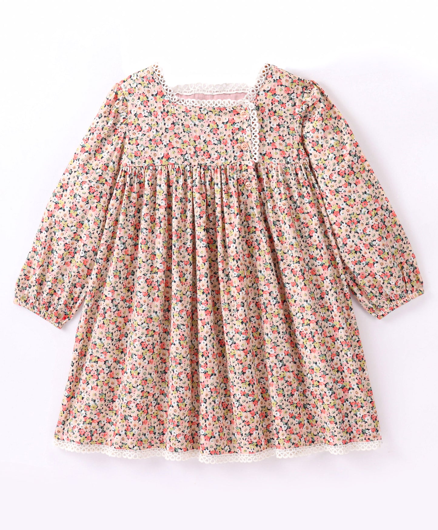 Full Sleeves Seamless Ditsy Floral Printed & Loop Lace Embellished Flared Dress - Light Brown