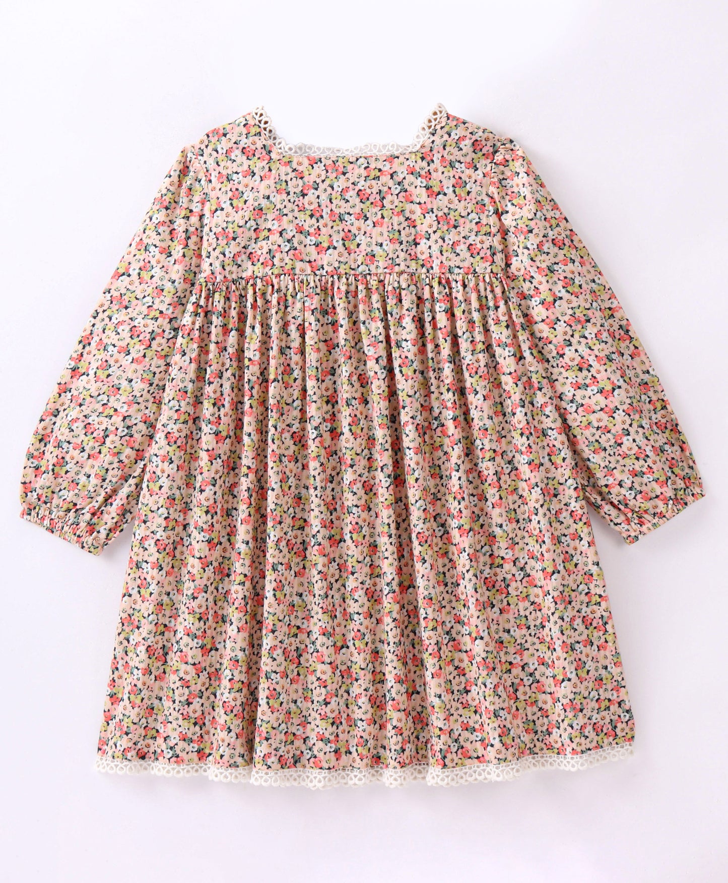 Full Sleeves Seamless Ditsy Floral Printed & Loop Lace Embellished Flared Dress - Light Brown