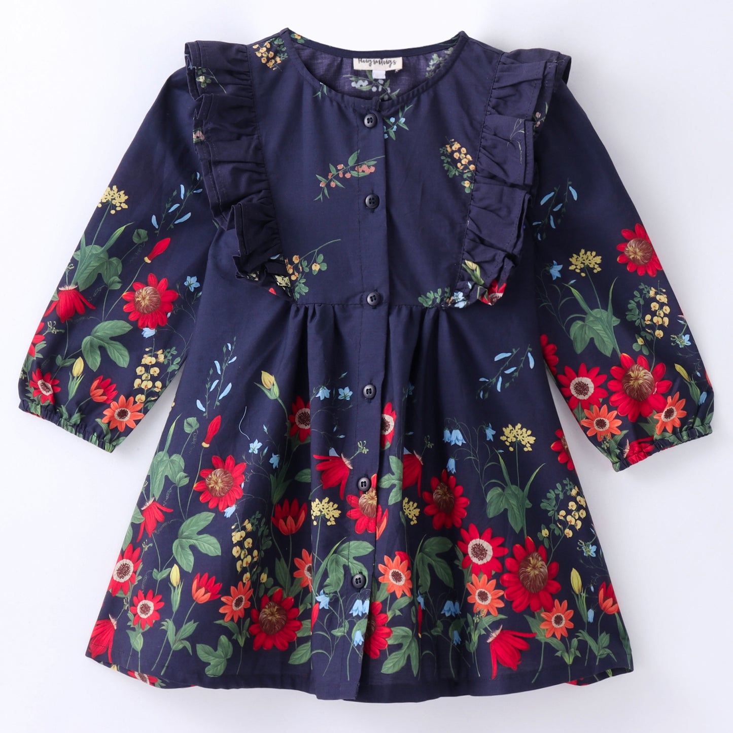 Full Sleeves Garden Flowers Printed & Frill Detailed Fit & Flare Dress - Navy Blue