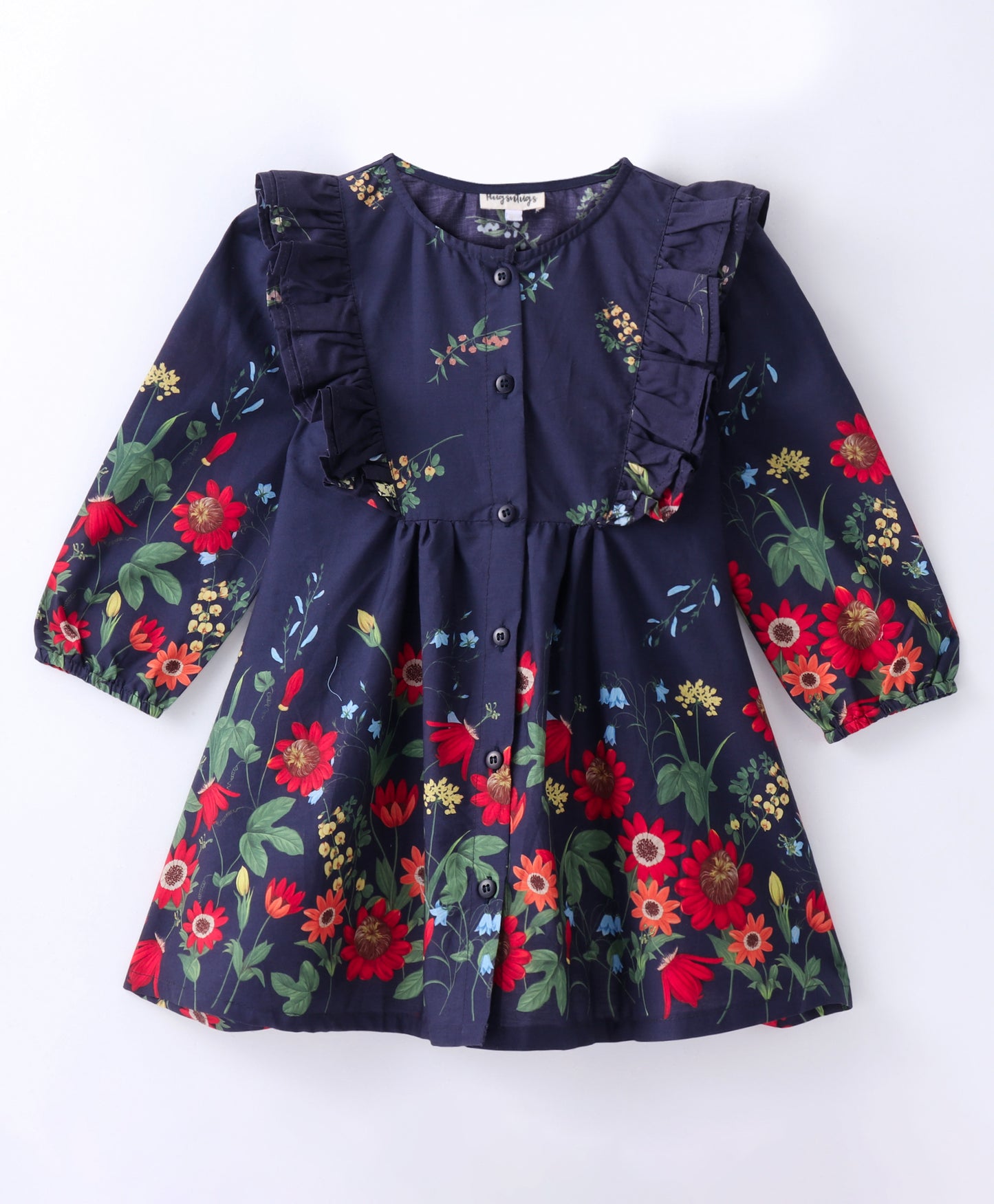 Full Sleeves Garden Flowers Printed & Frill Detailed Fit & Flare Dress - Navy Blue