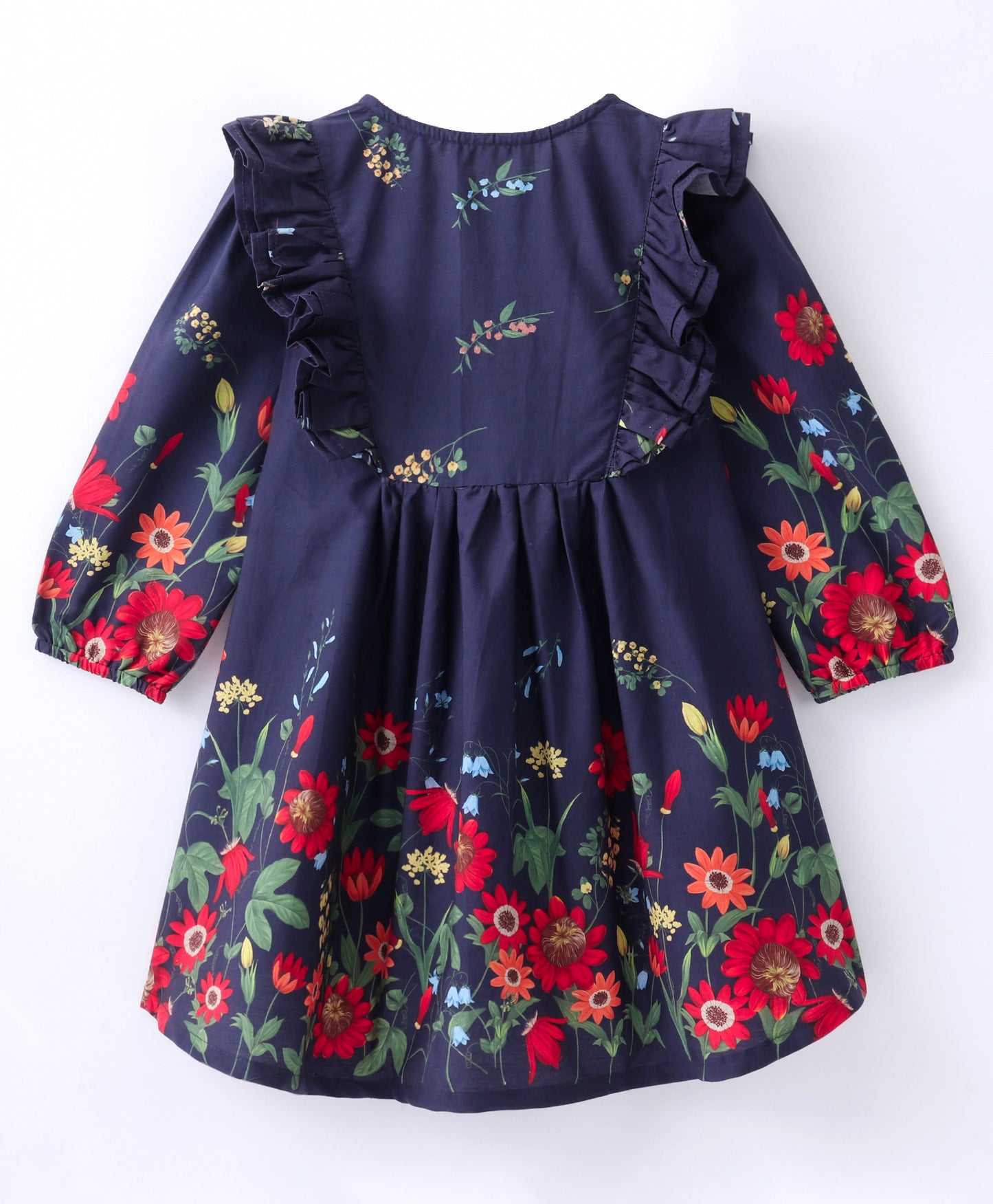 Full Sleeves Garden Flowers Printed & Frill Detailed Fit & Flare Dress - Navy Blue