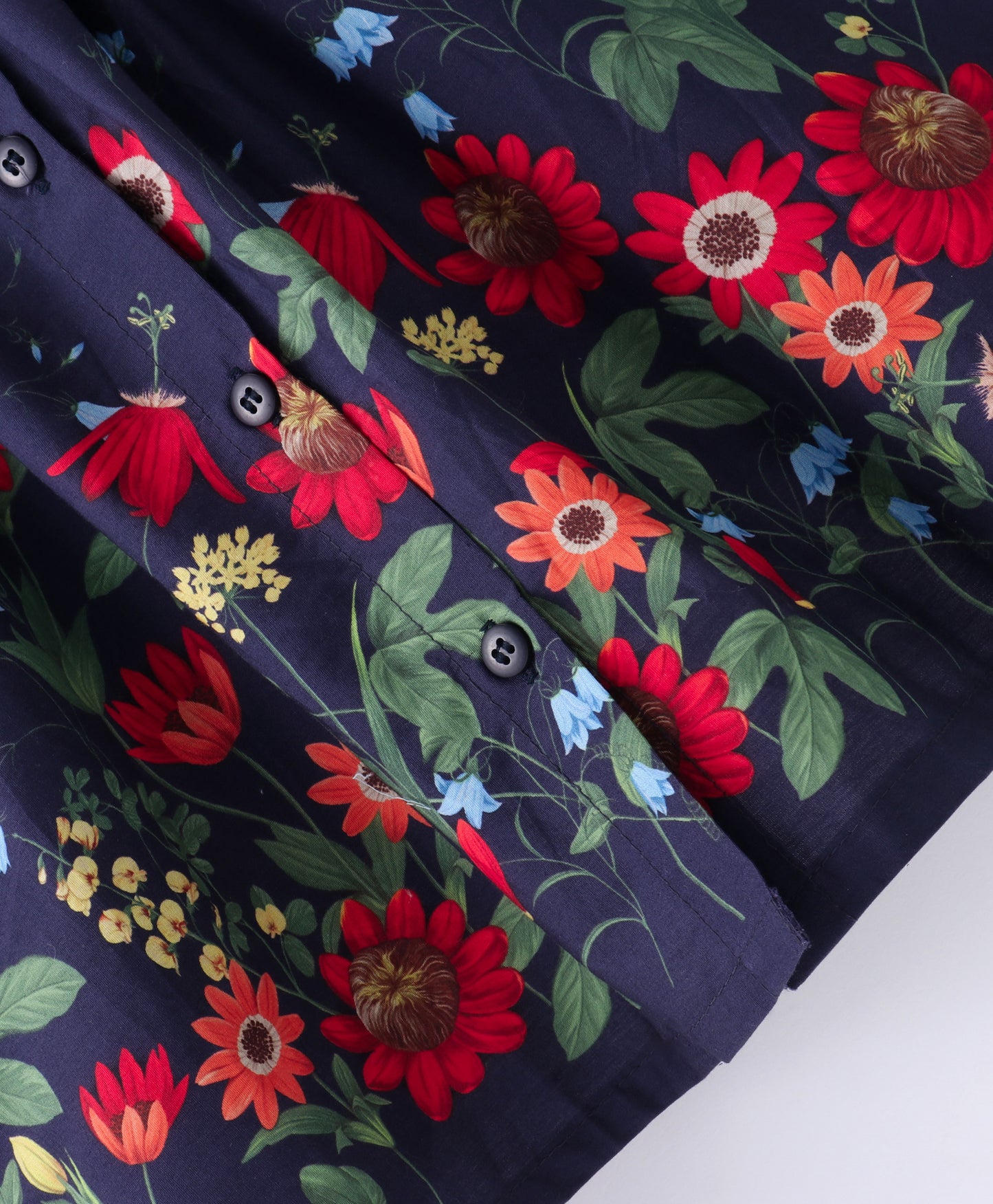 Full Sleeves Garden Flowers Printed & Frill Detailed Fit & Flare Dress - Navy Blue