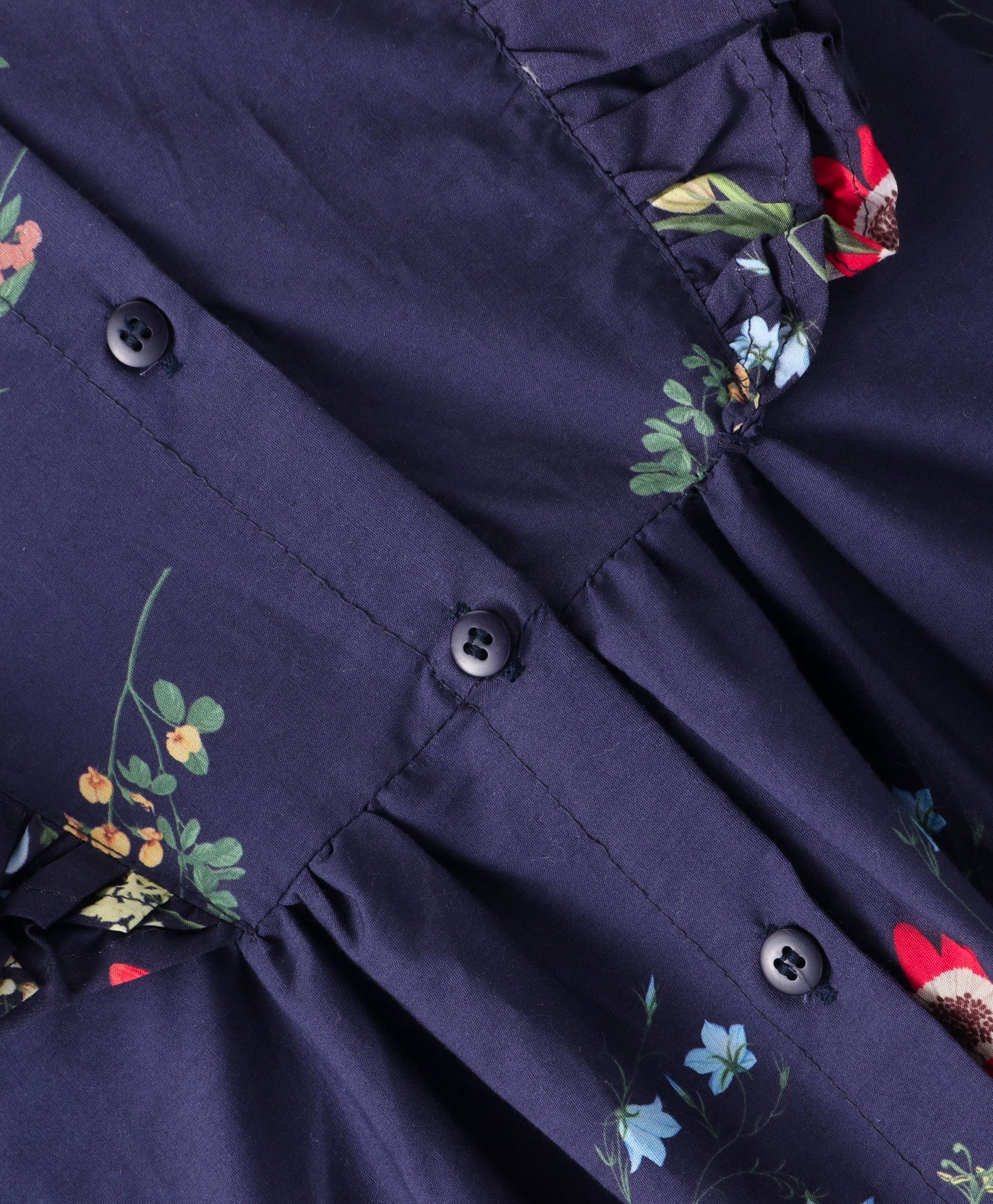 Full Sleeves Garden Flowers Printed & Frill Detailed Fit & Flare Dress - Navy Blue