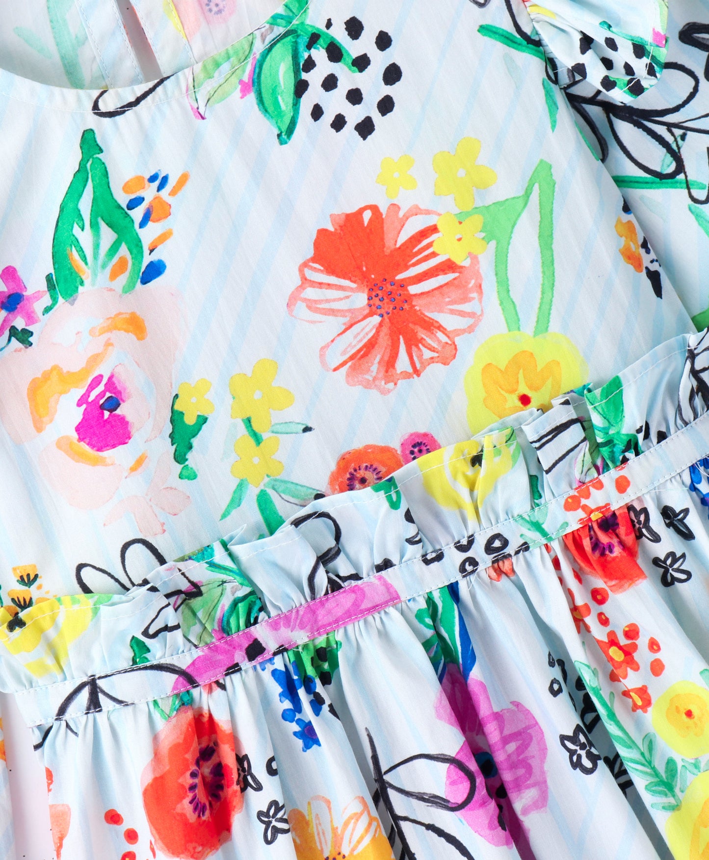 Full Sleeves Watercolor Effect Flowers Printed & Candy Striped Frill Detailed Fit & Flare Dress - White & Multi Color