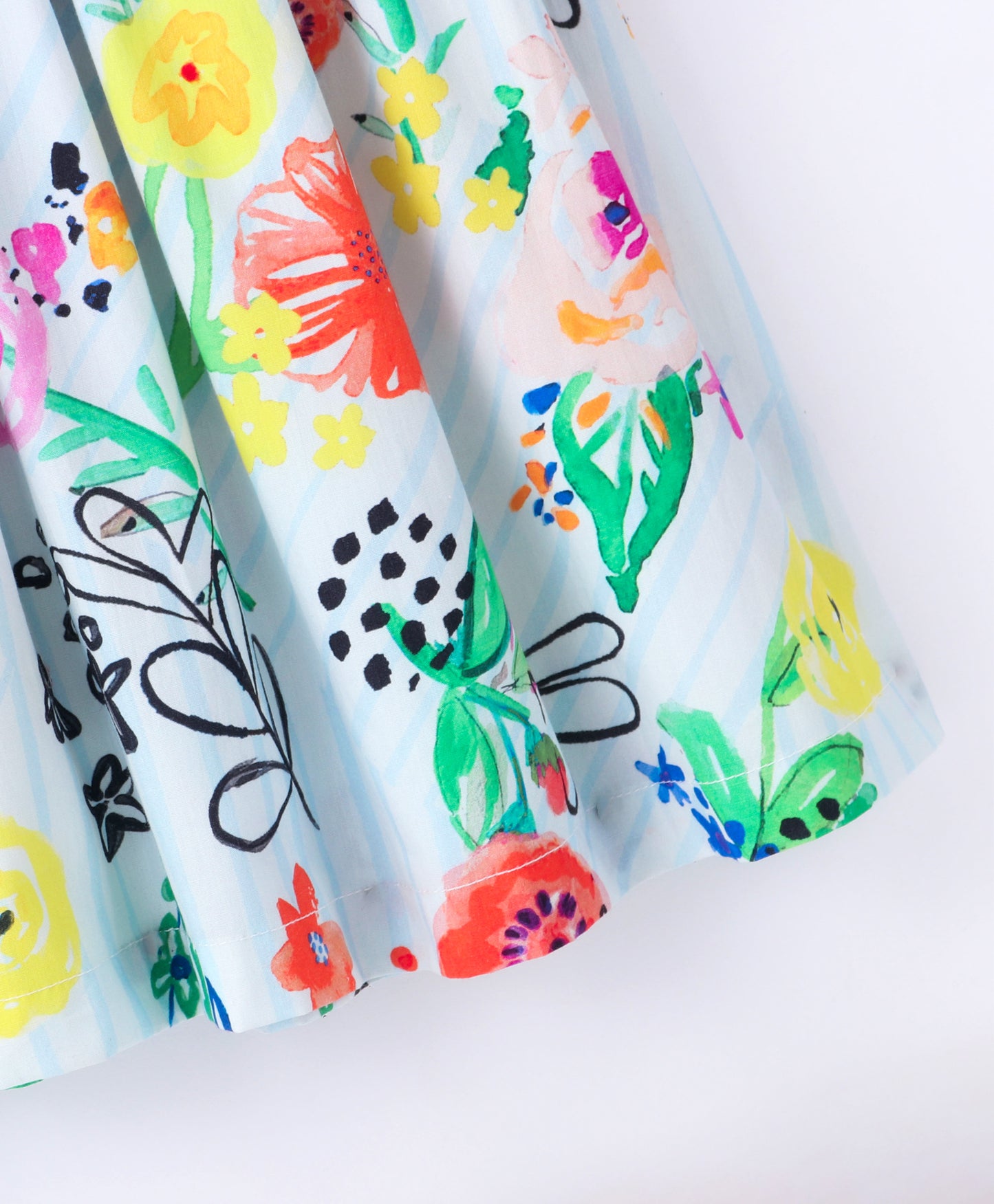 Full Sleeves Watercolor Effect Flowers Printed & Candy Striped Frill Detailed Fit & Flare Dress - White & Multi Color
