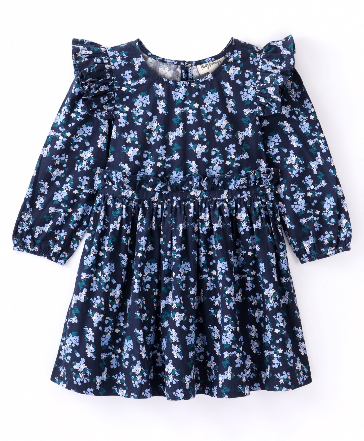 Full Sleeves Seamless Ditsy Floral Printed & Frill Detailed Fit & Flare Dress - Navy Blue