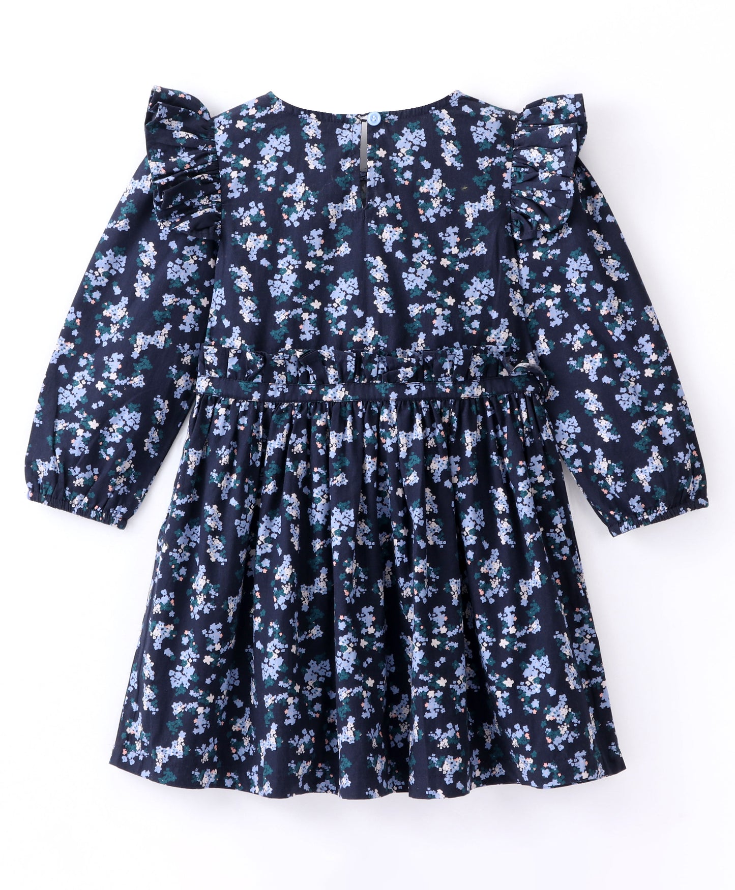 Full Sleeves Seamless Ditsy Floral Printed & Frill Detailed Fit & Flare Dress - Navy Blue