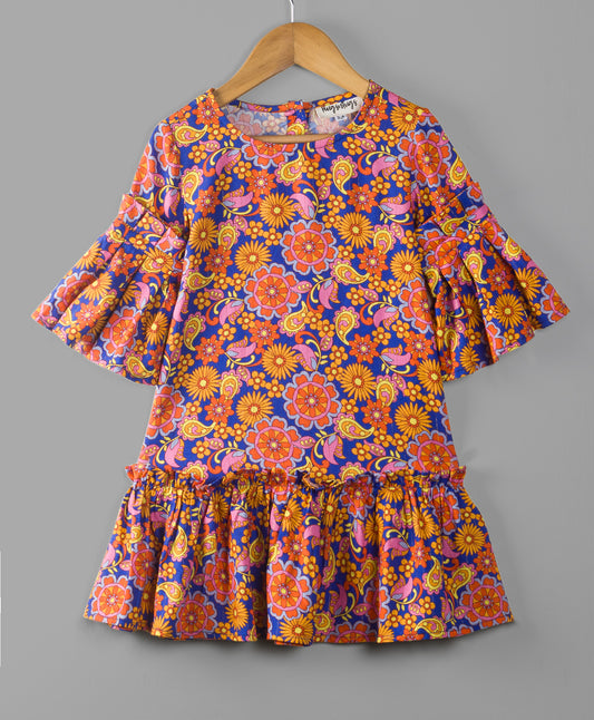 ALL OVER FLOWER AND PAISLEY ROYAL BLUE DRESS WITH BELL SLEEVES