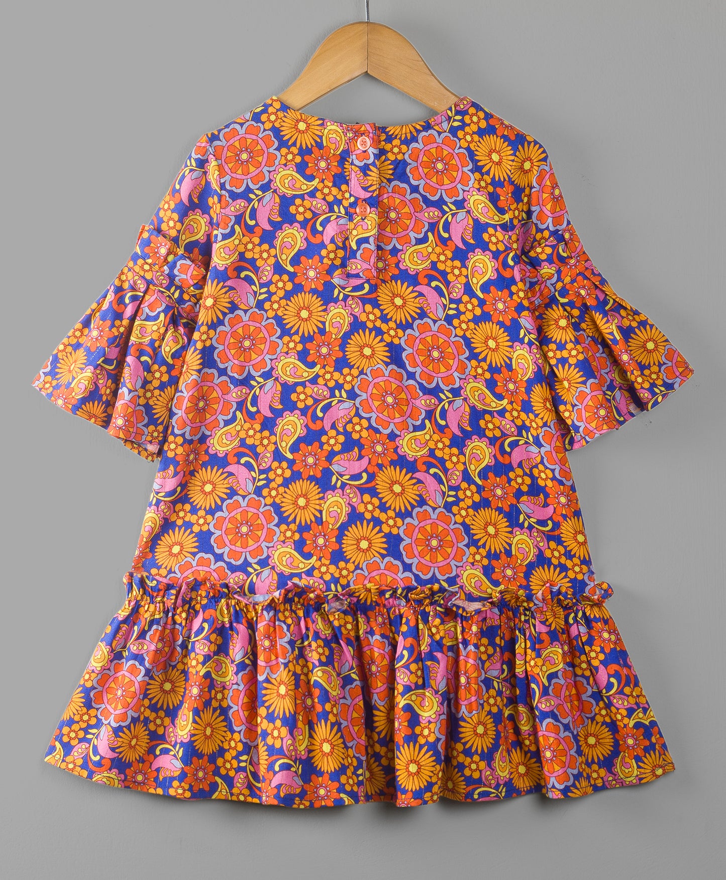 ALL OVER FLOWER AND PAISLEY ROYAL BLUE DRESS WITH BELL SLEEVES