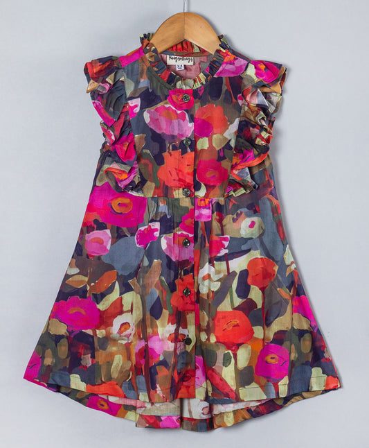 CUTSLEEVE FLORAL PRINT DRESS WITH FRILLS AT FRONT SIDES