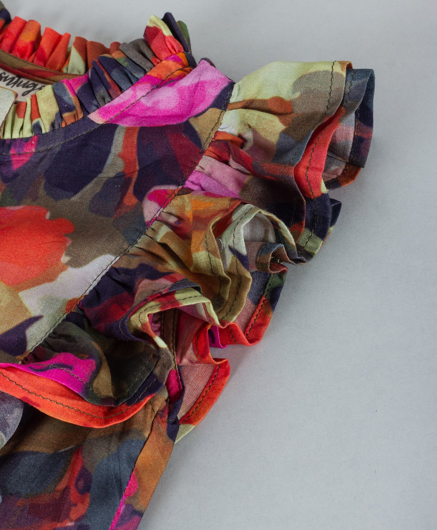 CUTSLEEVE FLORAL PRINT DRESS WITH FRILLS AT FRONT SIDES