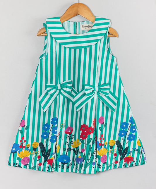 STRIPE PRINT DRESS WITH FLORAL BORDER AND PETER PAN COLLAR