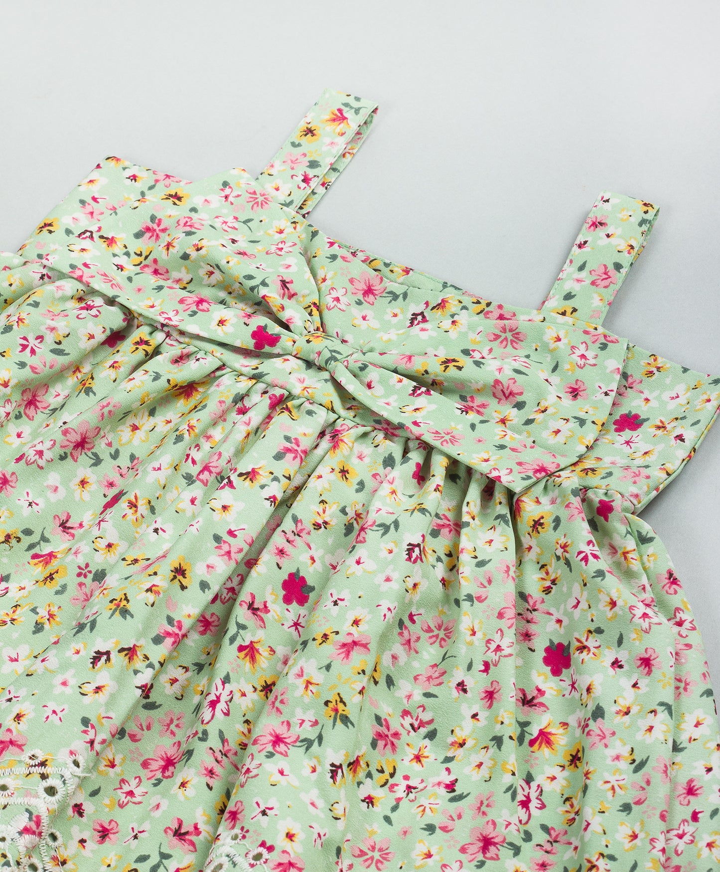 FLORAL PRINT GREEN INFANT DRESS WITH EMBROIDERED BOTTOM
