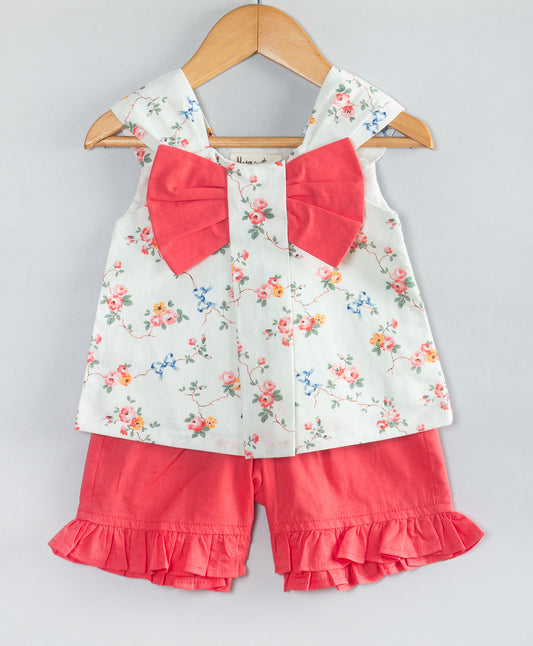 WHITE AND CORAL FLORAL INFANT SHORTS SET